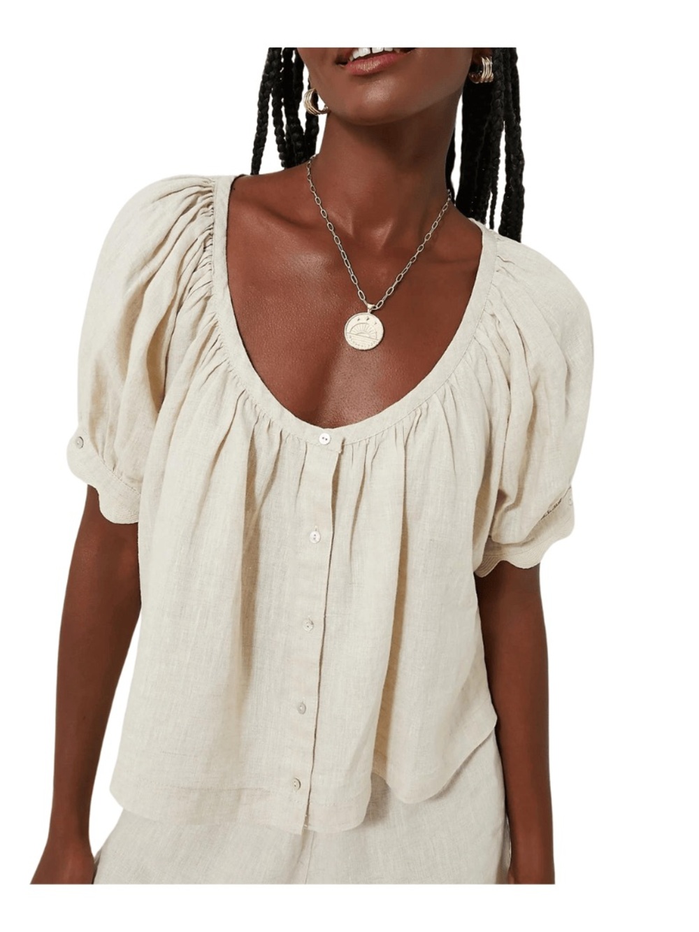 böhme | Linen Blend Scoop Neck Puff Sleeve Top